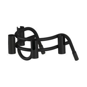 Angled front view of Bucket Rac Black with four rod holders and curved support bar.