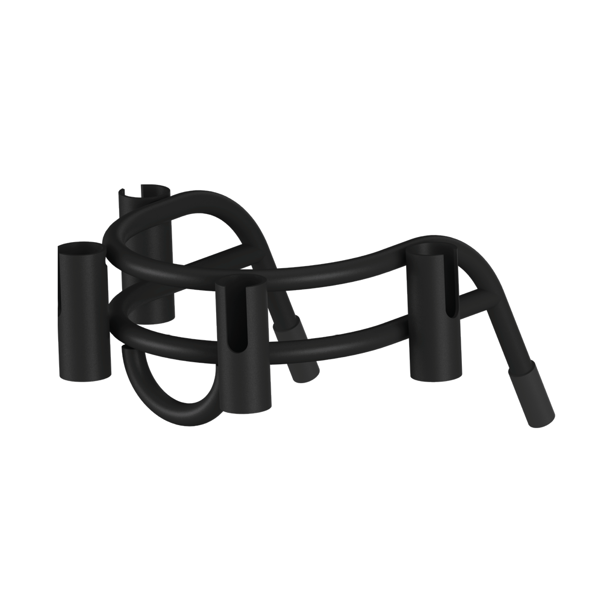 Angled front view of Bucket Rac Black with four rod holders and curved support bar.