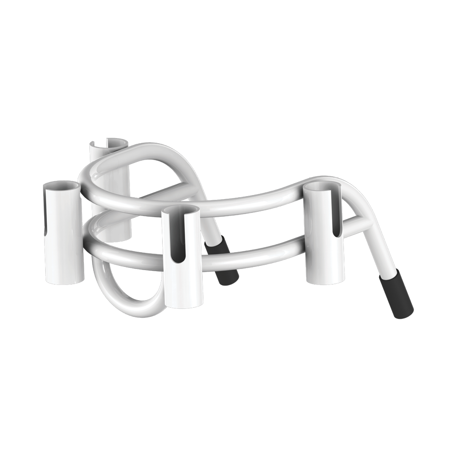 Angled front view of Bucket Rac White with four rod holders and curved support bar.