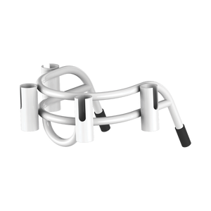 Angled front view of Bucket Rac White with four rod holders and curved support bar.