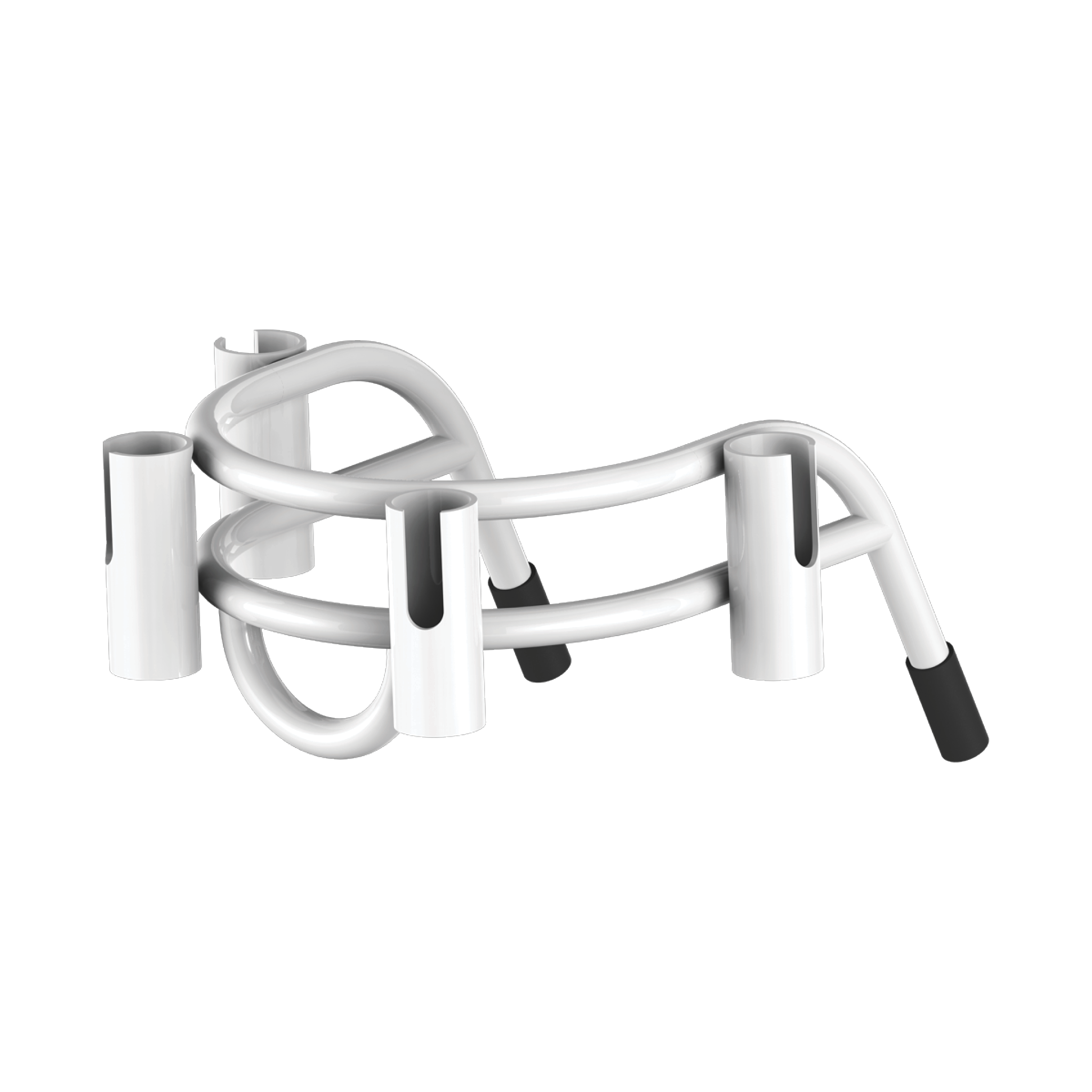Angled front view of Bucket Rac White with four rod holders and curved support bar.