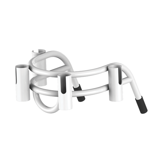 Angled front view of Bucket Rac White with four rod holders and curved support bar.