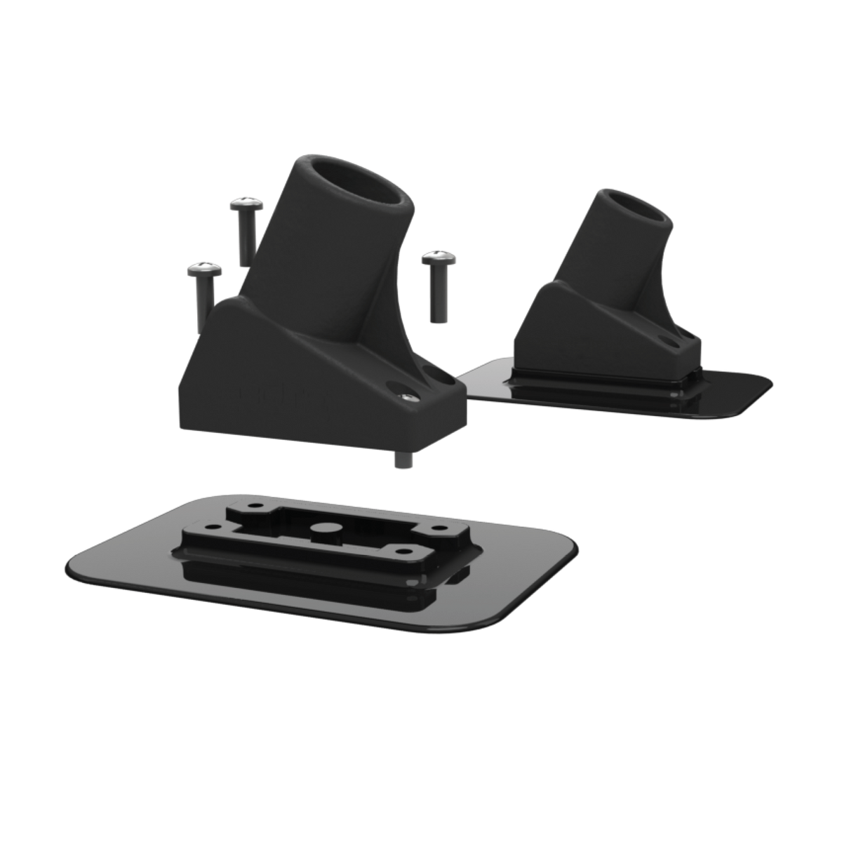 Exploded view of Screw-In Aero Rac Receivers with angled mounts, base plates, and screws.