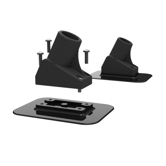 Exploded view of Screw-In Aero Rac Receivers with angled mounts, base plates, and screws.