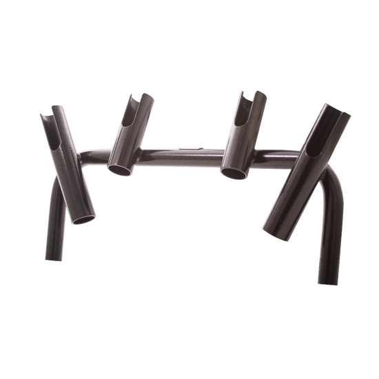 Angled front view of the Rocket Rac in black, with four rod holders.