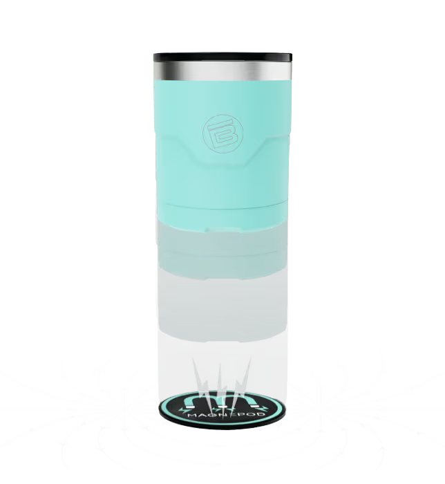Front view of aqua MAGNEPOD tumbler attached to a magnetic drink holder base.